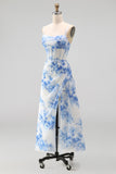 Corsé de flor blanca azul gasa con funda fruncida y vestido midi