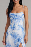 Corsé de flor blanca azul gasa con funda fruncida y vestido midi