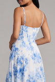 Corsé de flor blanca azul gasa con funda fruncida y vestido midi