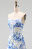 Corsé de flor blanca azul gasa con funda fruncida y vestido midi