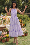 Vestido midi floral de chiffon lila con escote arrugado y funda fruncido con lazo