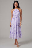 Vestido midi floral de chiffon lila con escote arrugado y funda fruncido con lazo