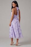 Vestido midi floral de chiffon lila con escote arrugado y funda fruncido con lazo