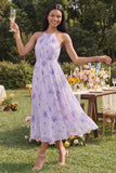 Vestido midi floral de chiffon lila con escote arrugado y funda fruncido con lazo