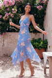 Vestido Midi asimétrico asimétrico con estampado de flores en vaina azul