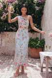 Vestido midi de tul floral azul rosa de un hombro y funda