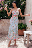 Vestido midi floral sin tirantes de tul con tirantes y funda azul rosa