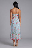 Vestido midi floral sin tirantes de tul con tirantes y funda azul rosa