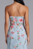 Vestido midi floral sin tirantes de tul con tirantes y funda azul rosa