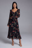 Vestido midi floral de tul negro con escote en V y funda estampada con manga larga