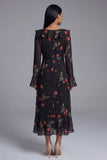 Vestido midi floral de tul negro con escote en V y funda estampada con manga larga