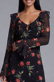 Vestido midi floral de tul negro con escote en V y funda estampada con manga larga