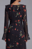 Vestido midi floral de tul negro con escote en V y funda estampada con manga larga