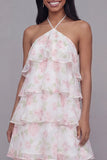 Vestido floral de chiffon rosa blanco con escote halter y estampado en niveles