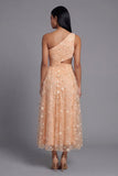 Vestido floral bordado de tul de un solo hombro naranja con abertura