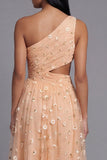 Vestido floral bordado de tul de un solo hombro naranja con abertura