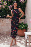 Vestido midi floral con escote redondo y gasa de escote redondo