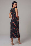 Vestido midi floral con escote redondo y gasa de escote redondo