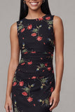 Vestido midi floral con escote redondo y gasa de escote redondo
