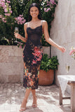Vestido midi floral estampado con tirantes finos negros bodycon