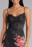 Vestido midi floral estampado con tirantes finos negros bodycon