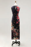 Vestido midi floral frugado estampado con escote bodycon negro de tul con ilusión