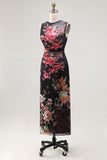 Vestido midi floral frugado estampado con escote bodycon negro de tul con ilusión