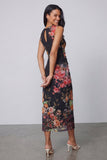 Vestido midi floral frugado estampado con escote bodycon negro de tul con ilusión