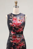 Vestido midi floral frugado estampado con escote bodycon negro de tul con ilusión