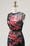 Vestido midi floral frugado estampado con escote bodycon negro de tul con ilusión