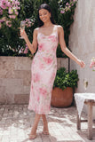 Vestido midi floral con tirantes finos rosa Bodycon brillantes