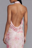 Vestido floral blanco rosa brillante con estampado de flores con lentejuelas