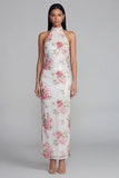 Vestido floral blanco rosa brillante con estampado de flores con lentejuelas