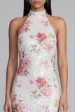 Vestido floral blanco rosa brillante con estampado de flores con lentejuelas