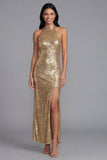 Vestido Maxi de lentejuelas con cuello halter dorado y brillante con abertura