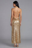 Vestido Maxi de lentejuelas con cuello halter dorado y brillante con abertura