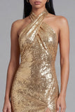 Vestido dorado de lentejuelas sin lentejuelas con cuello halter, cuello halter, brillante, con abertura