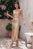 Vestido midi de tirantes finos dorados y bodycon tirantes brillantes y lentejuelas