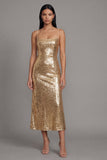 Vestido midi de tirantes finos dorados y bodycon tirantes brillantes y lentejuelas