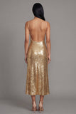 Vestido midi de tirantes finos dorados y bodycon tirantes brillantes y lentejuelas