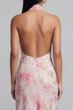 Vestido midi floral midi con escote cortante de tul rosa brillante y abertura
