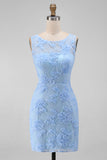 Vestido Mini Floral Bodycon de Tul de Tul Azul con Apliques de Encaje