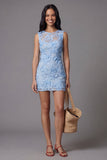 Vestido Mini Floral Bodycon de Tul de Tul Azul con Apliques de Encaje