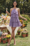 Vestido mini floral floral rosa blanco rosa con escote halter estampado en línea A