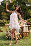 Vestido mini floral floral rosa blanco rosa con escote halter estampado en línea A