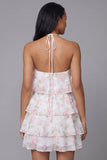 Vestido mini floral floral rosa blanco rosa con escote halter estampado en línea A