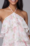 Vestido mini floral floral rosa blanco rosa con escote halter estampado en línea A