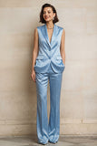 Trajes de solapa de dos piezas azul satinado con pico y pecho simple con sin mangas