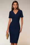 Bodycon vestido de trabajo midi de manga corta con escote en V y cuello en V azul marino con abertura