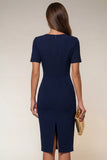 Bodycon vestido de trabajo midi de manga corta con escote en V y cuello en V azul marino con abertura